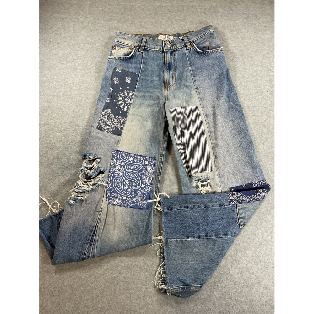 We The Free Free People Patchwork Bandana Wide Leg Jeans Light Wash 25 2364